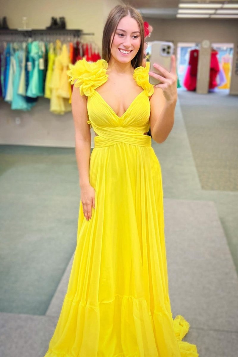 Lace-Up V-Neck Ruffle Pleated Long Prom Dresses