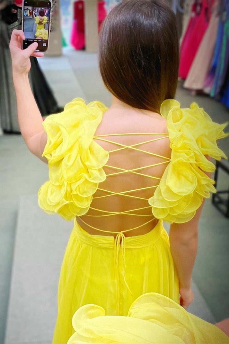 Lace-Up V-Neck Ruffle Pleated Long Prom Dresses
