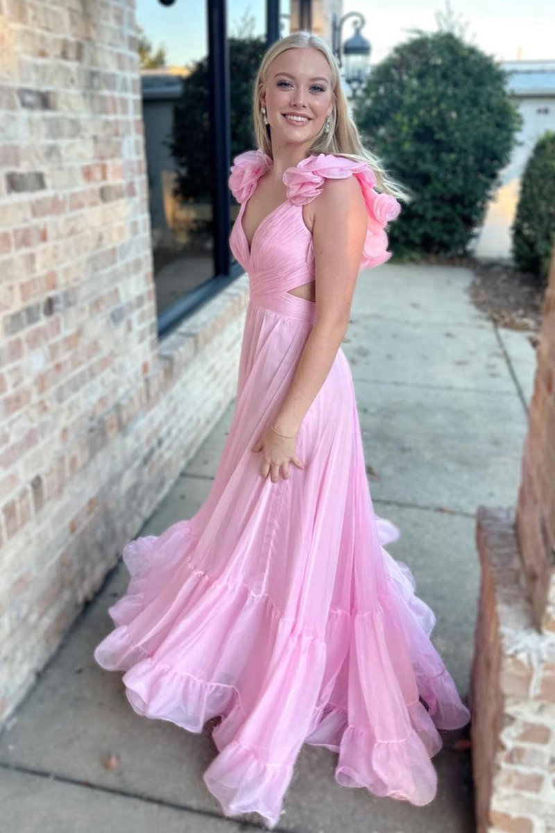 Lace-Up V-Neck Ruffle Pleated Long Prom Dresses