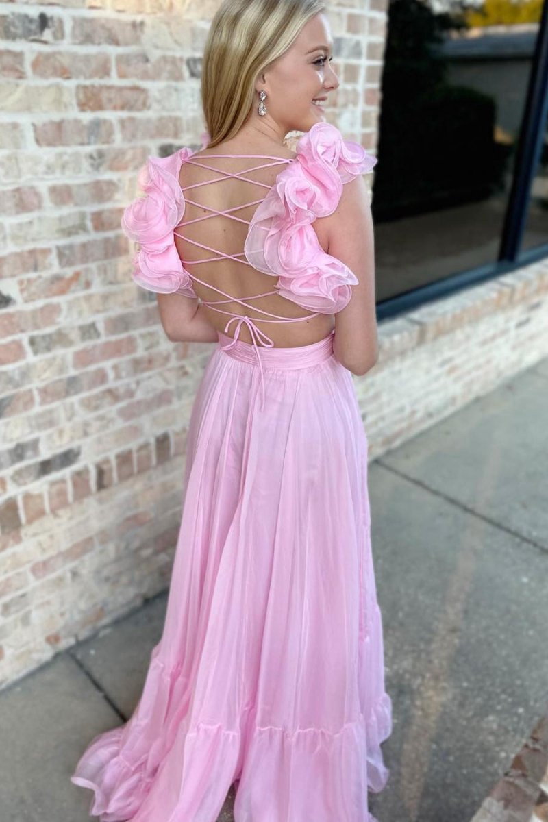 Lace-Up V-Neck Ruffle Pleated Long Prom Dresses