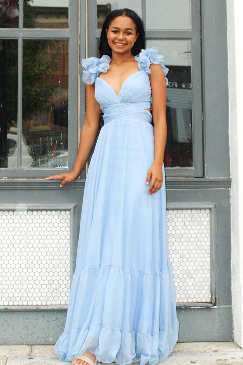 Lace-Up V-Neck Ruffle Pleated Long Prom Dresses