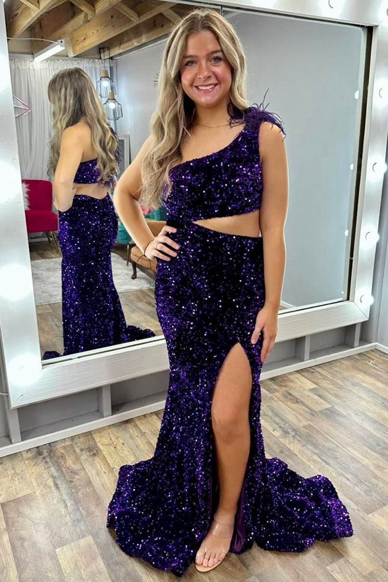 Sequin Feather One-Shoulder Mermaid Long Dresses with Slit