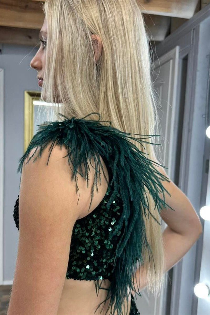 Sequin Feather One-Shoulder Mermaid Long Dresses with Slit