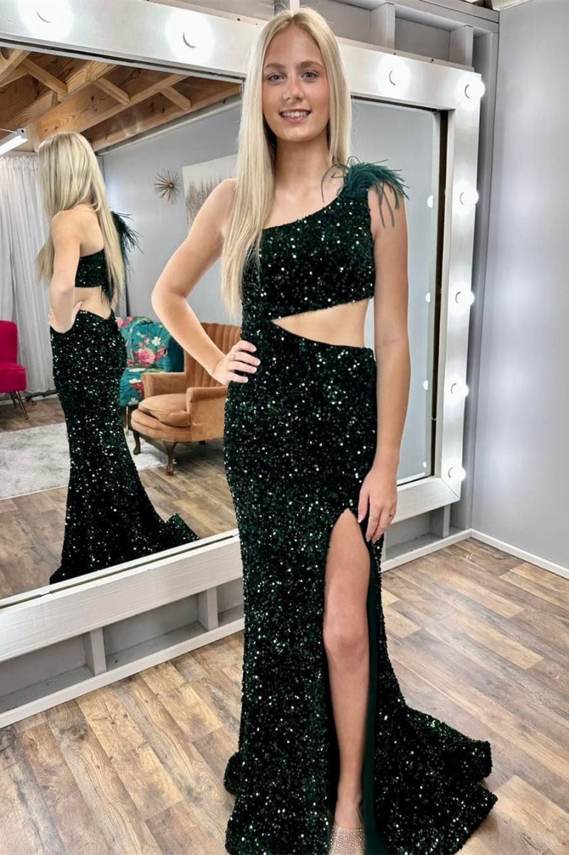 Sequin Feather One-Shoulder Mermaid Long Dresses with Slit