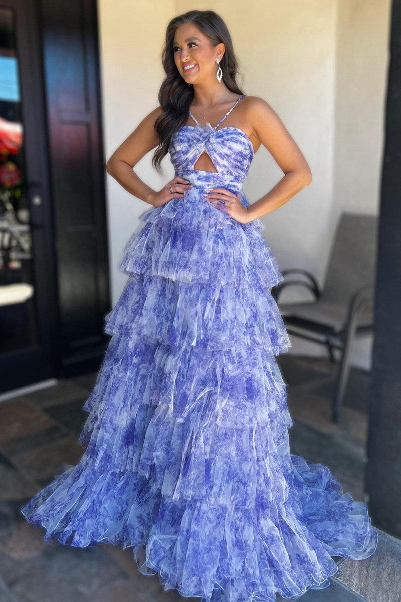 Print Halter Keyhole Ruffle Tie Long Prom Dresses