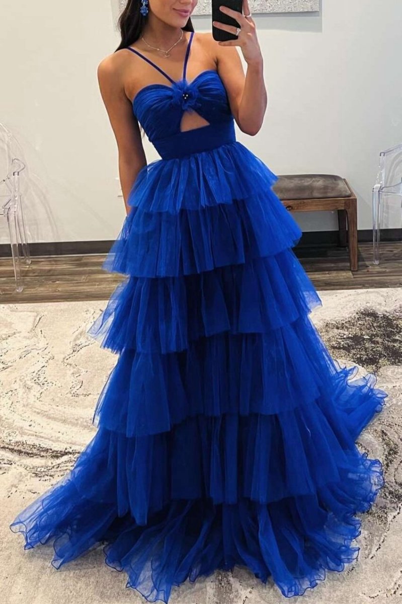 Print Halter Keyhole Ruffle Tie Long Prom Dresses