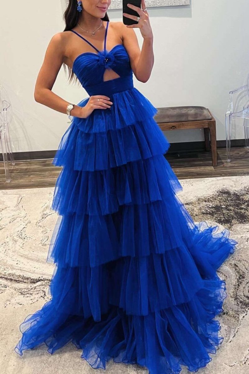 Print Halter Keyhole Ruffle Tie Long Prom Dresses