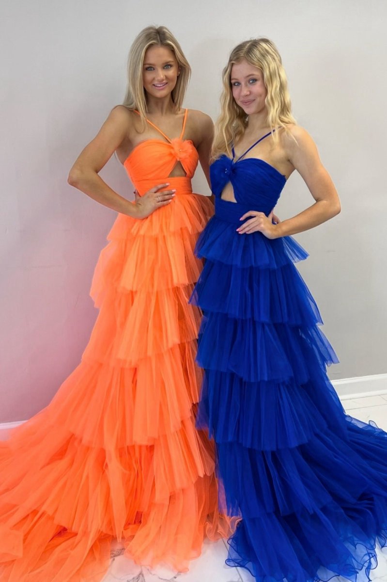 Print Halter Keyhole Ruffle Tie Long Prom Dresses