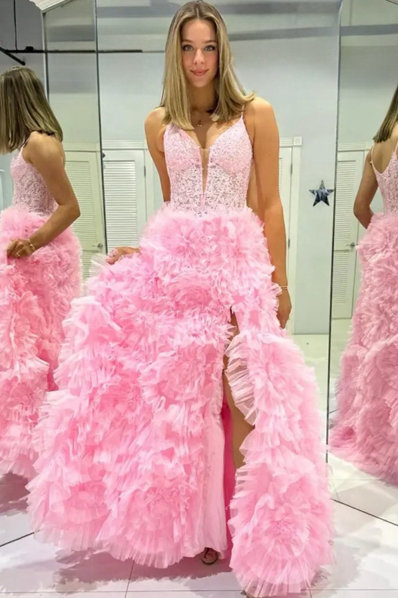 Plunge V Spaghetti Strap Ruffle Tie Long Gown