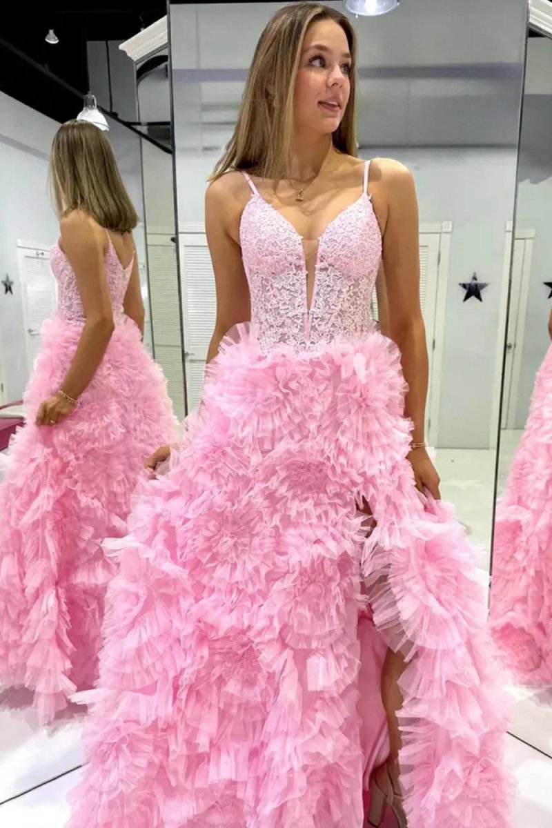 Plunge V Spaghetti Strap Ruffle Tie Long Gown