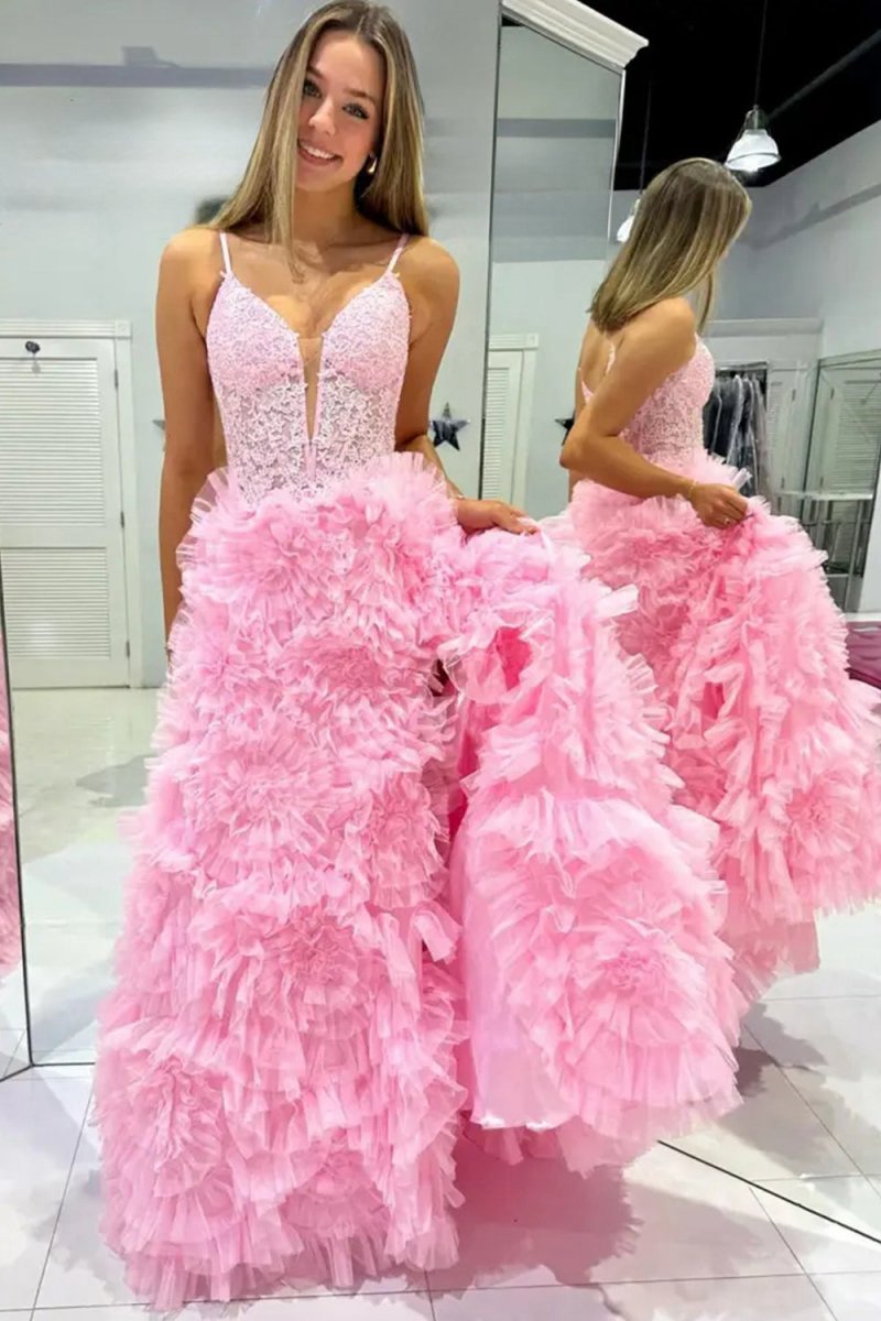Plunge V Spaghetti Strap Ruffle Tie Long Gown