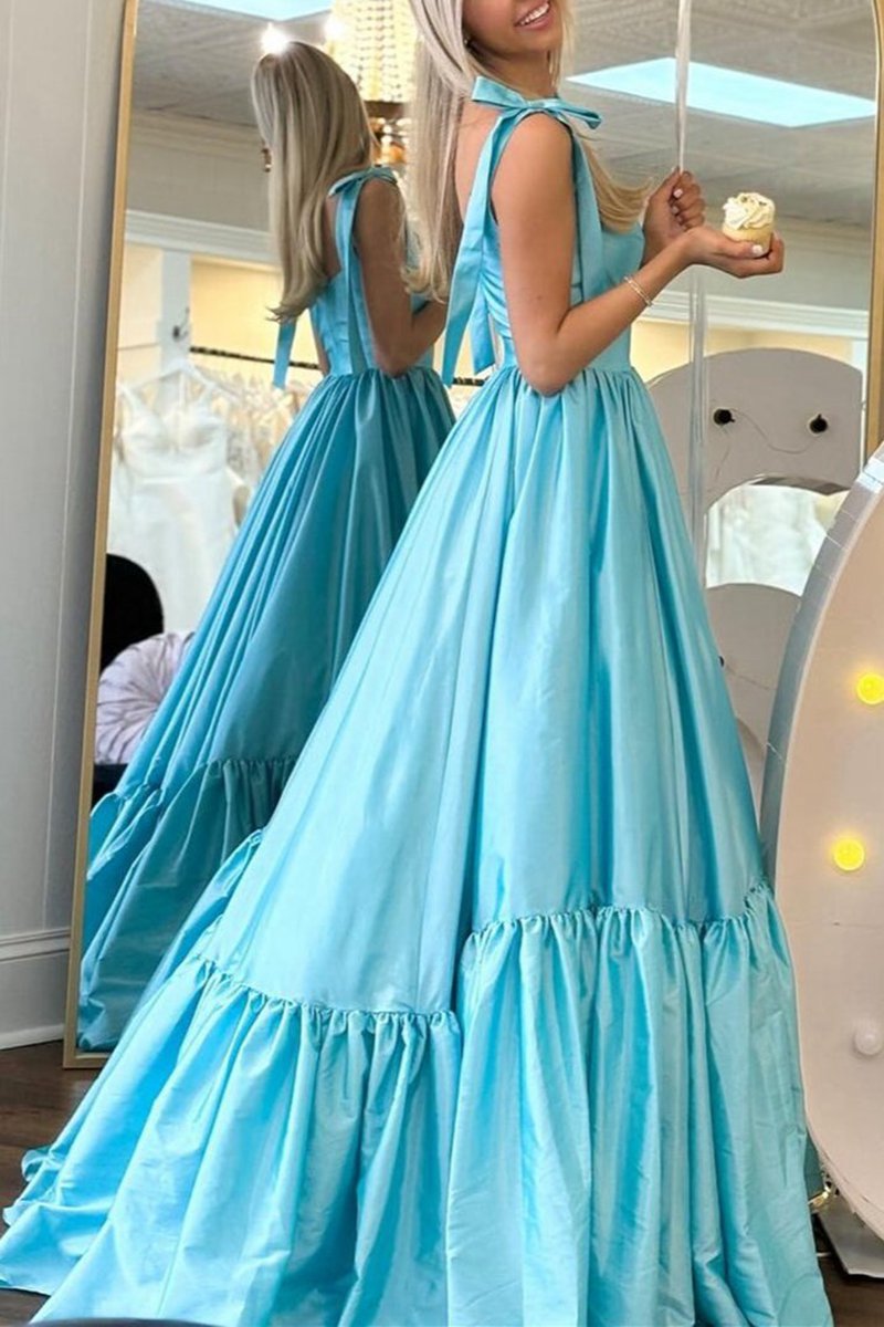 Sweetheart Bow Strap A-line Long Prom Dresses