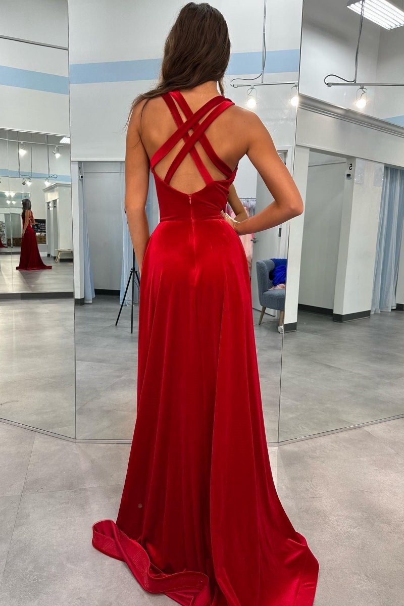Velvet Plunge V Cross Back A-line Long Formal Dresses
