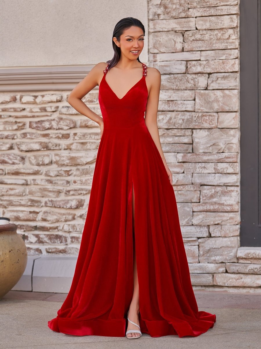 Velvet Plunge V Cross Back A-line Long Formal Dresses
