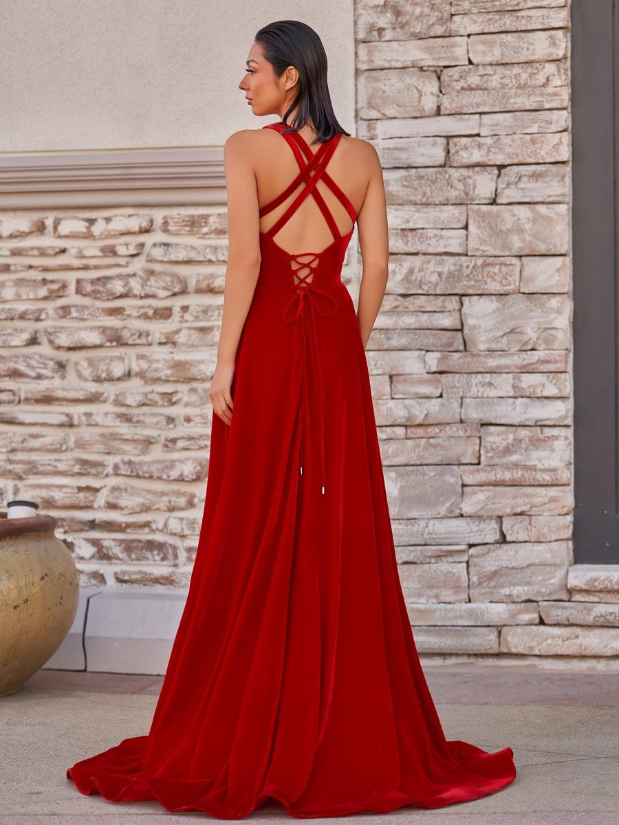 Velvet Plunge V Cross Back A-line Long Formal Dresses