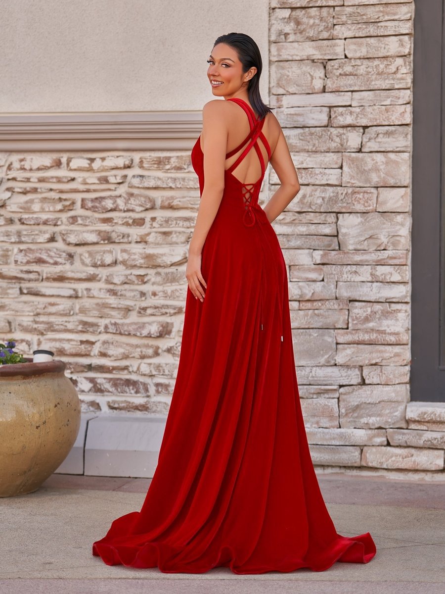 Velvet Plunge V Cross Back A-line Long Formal Dresses