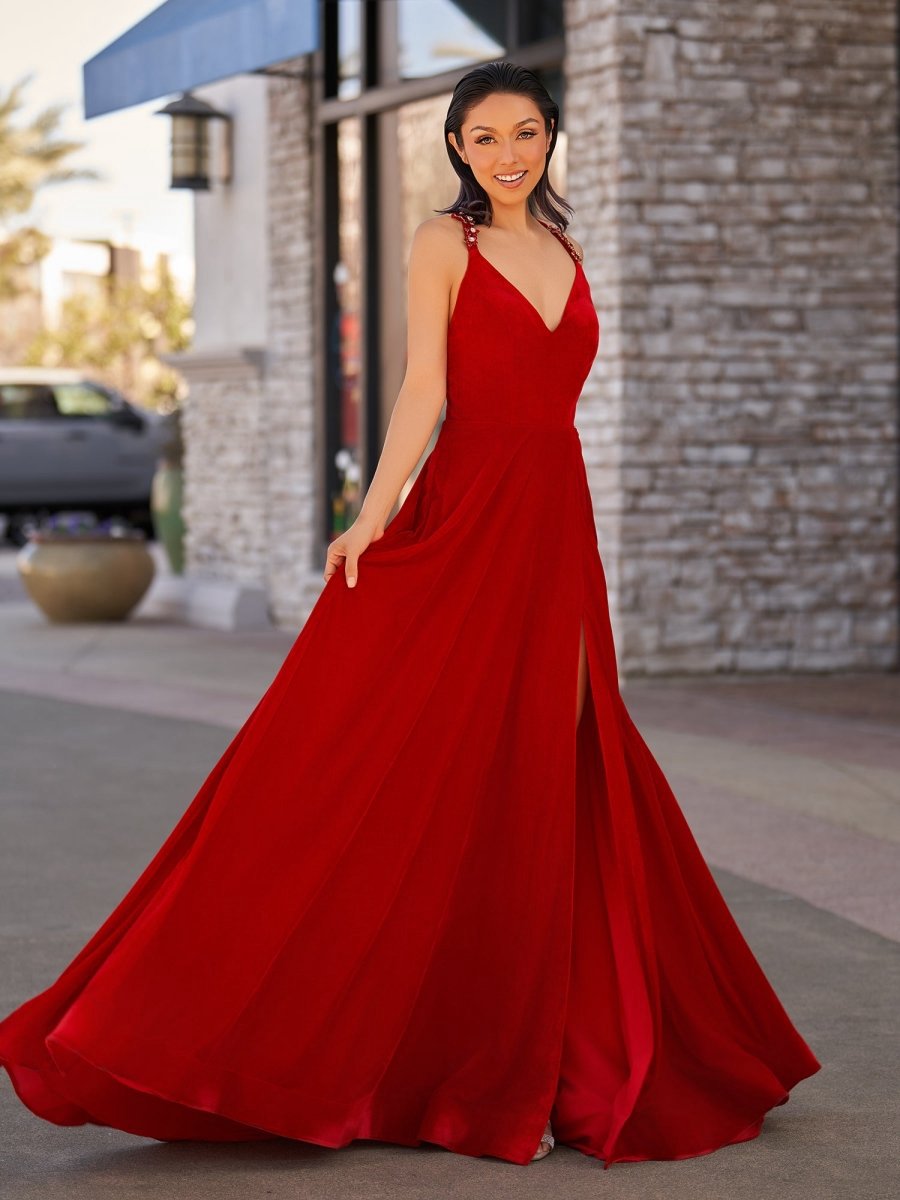 Velvet Plunge V Cross Back A-line Long Formal Dresses