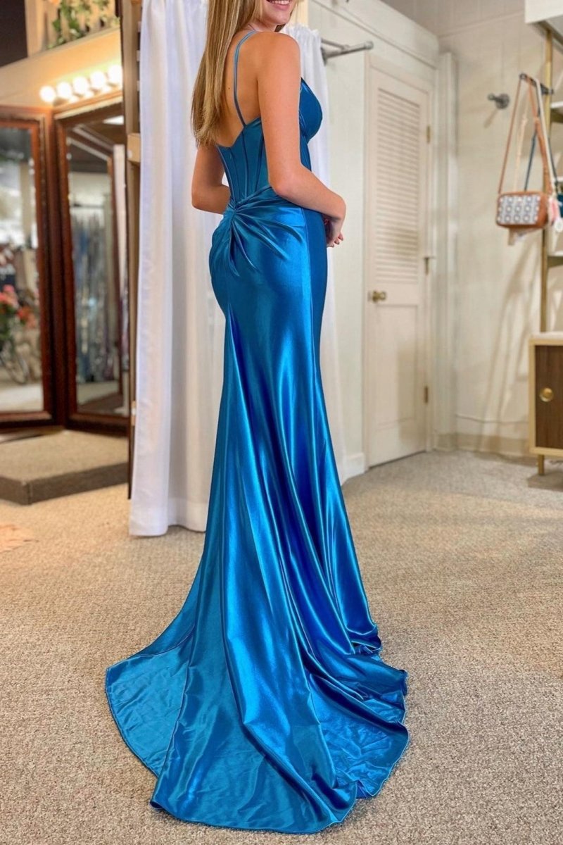 Mermaid Spaghetti Strap V-Neck Satin Prom Dresses with Slit