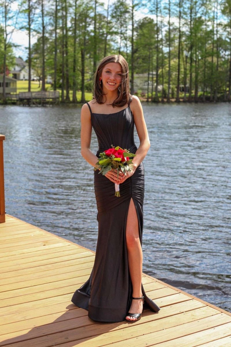 Mermaid Scoop Neck Satin Prom Dresses with Slit