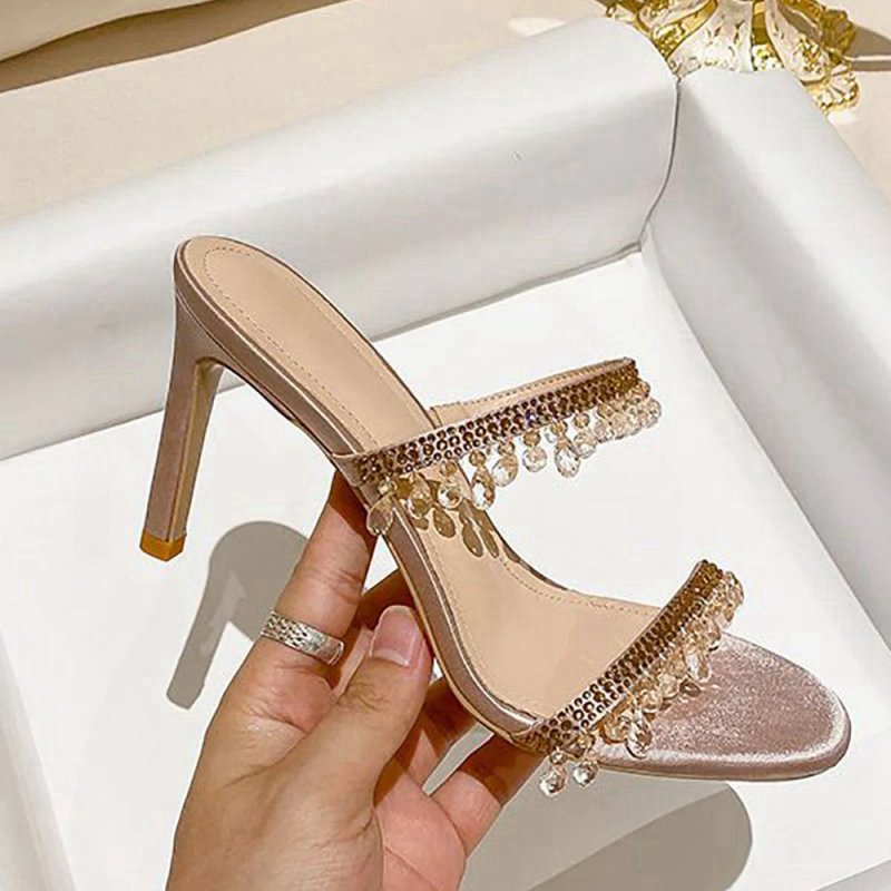 High Stiletto Open Toe Two Strap High Heeled Sandal with Beading