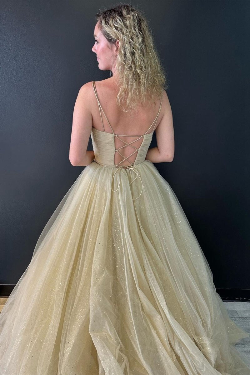 A-line V Neck Glitter Tulle Prom Dresses with Lace up Back