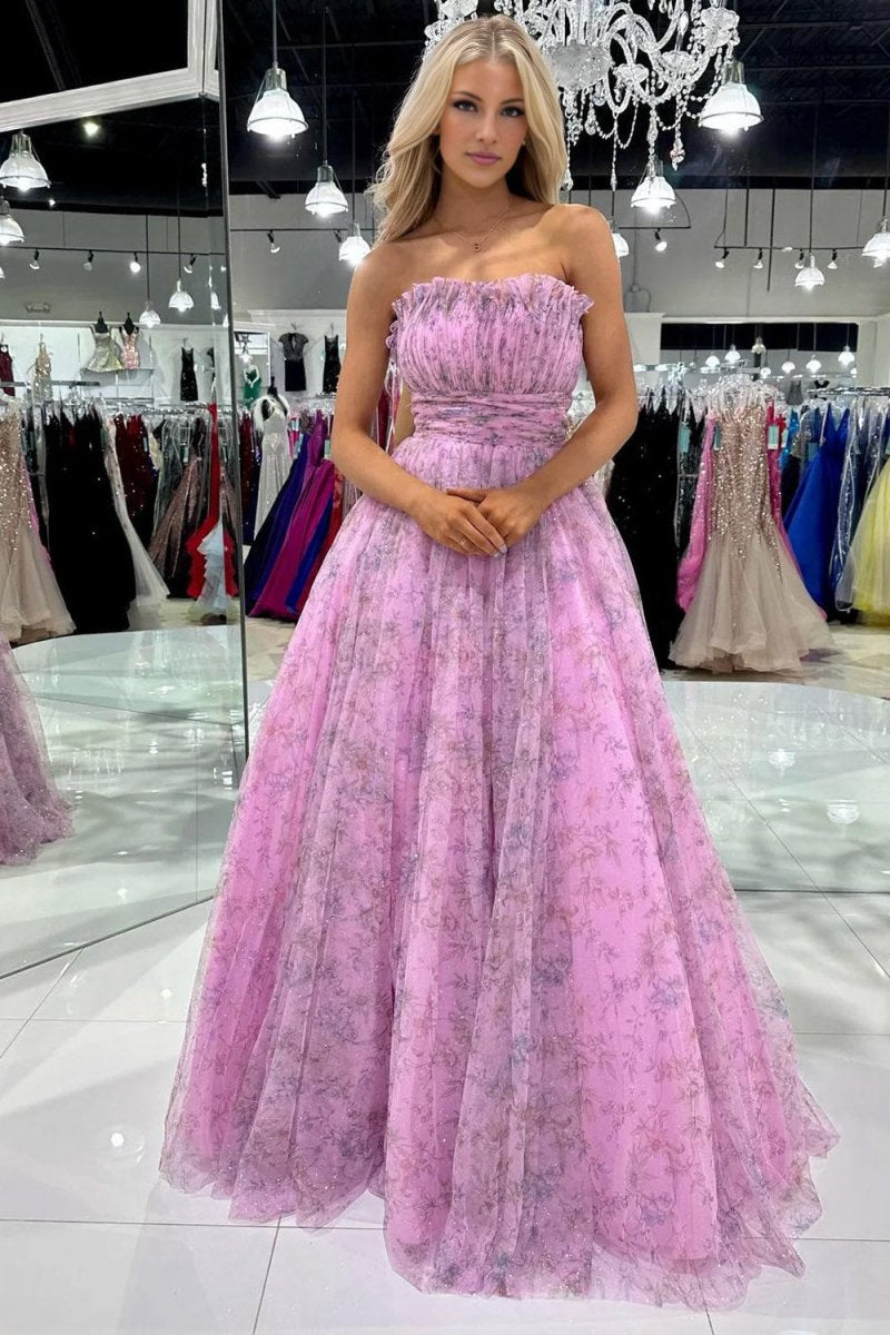 A-line Strapless Printed Glitter Tulle Prom Dresses