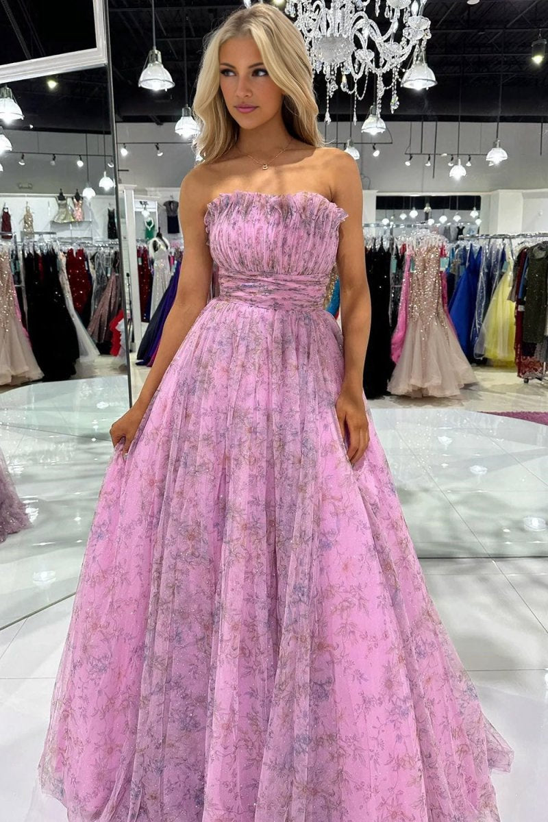A-line Strapless Printed Glitter Tulle Prom Dresses