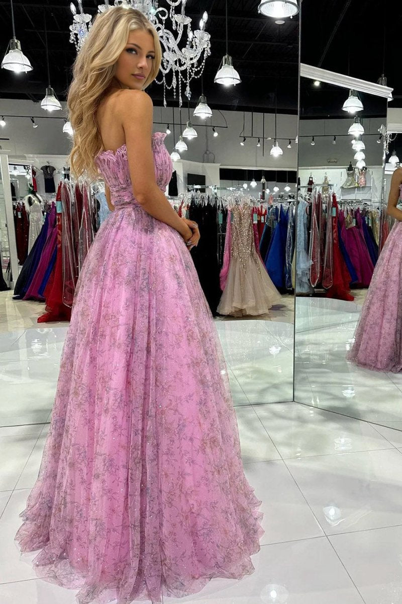 A-line Strapless Printed Glitter Tulle Prom Dresses