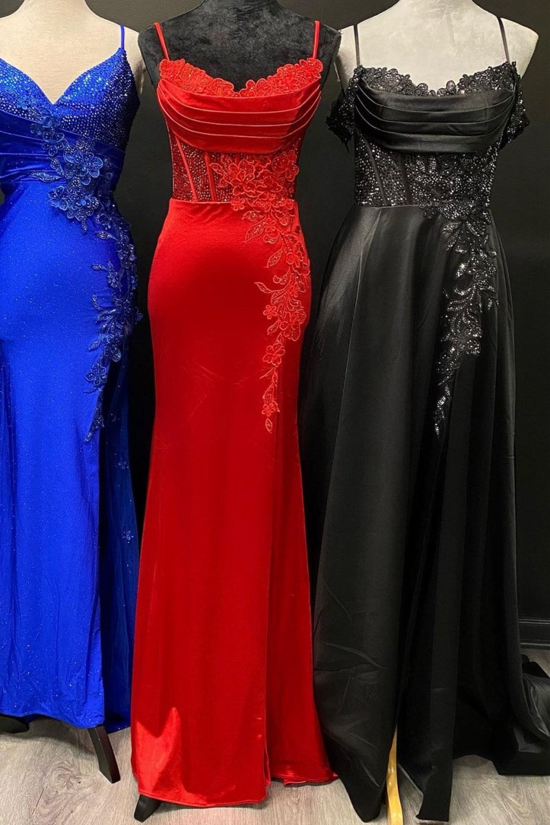 Spaghetti Strap Appliques Mermaid Long Dresses with Slit