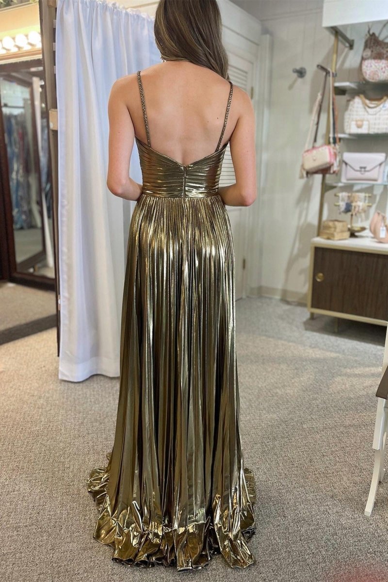 Metallic Keyhole Spaghetti Strap Long Prom Dresses with Slit