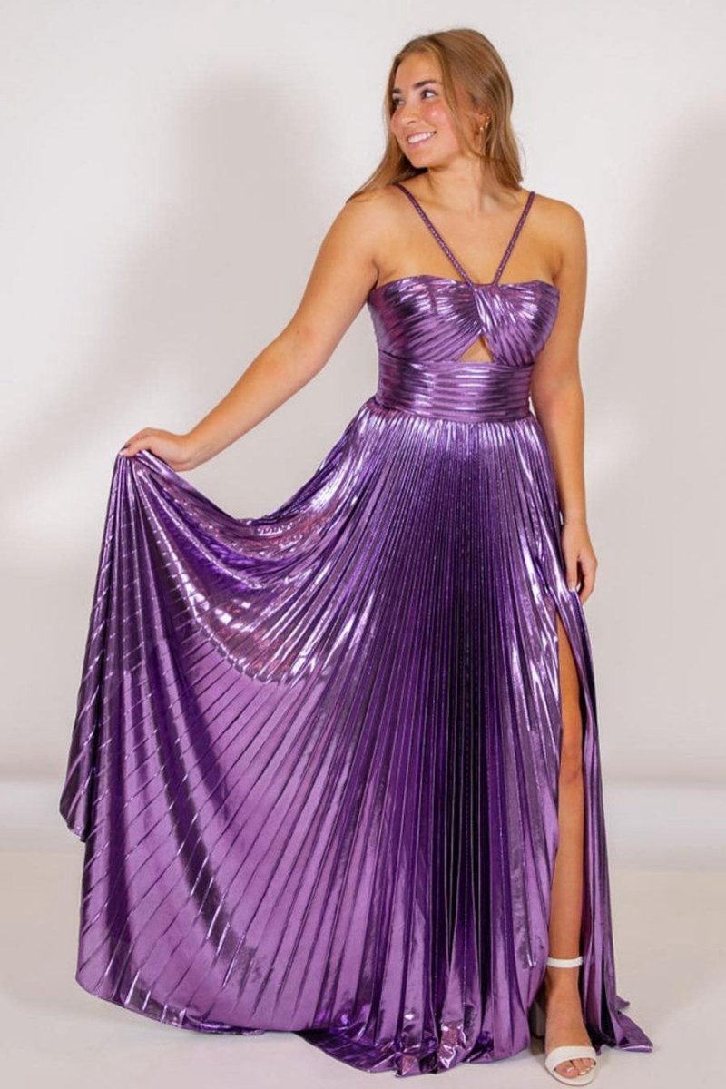 Metallic Keyhole Spaghetti Strap Long Prom Dresses with Slit
