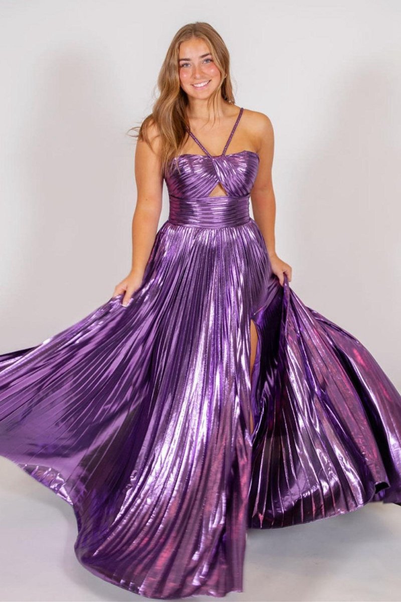 Metallic Keyhole Spaghetti Strap Long Prom Dresses with Slit