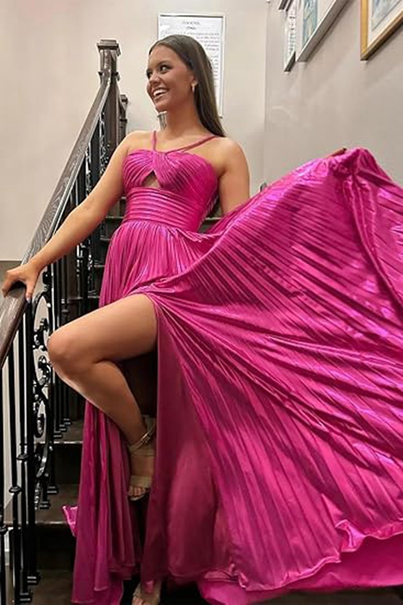 Metallic Keyhole Spaghetti Strap Long Prom Dresses with Slit