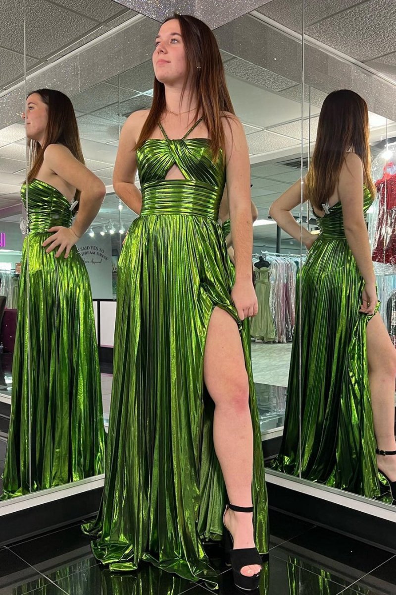 Metallic Keyhole Spaghetti Strap Long Prom Dresses with Slit