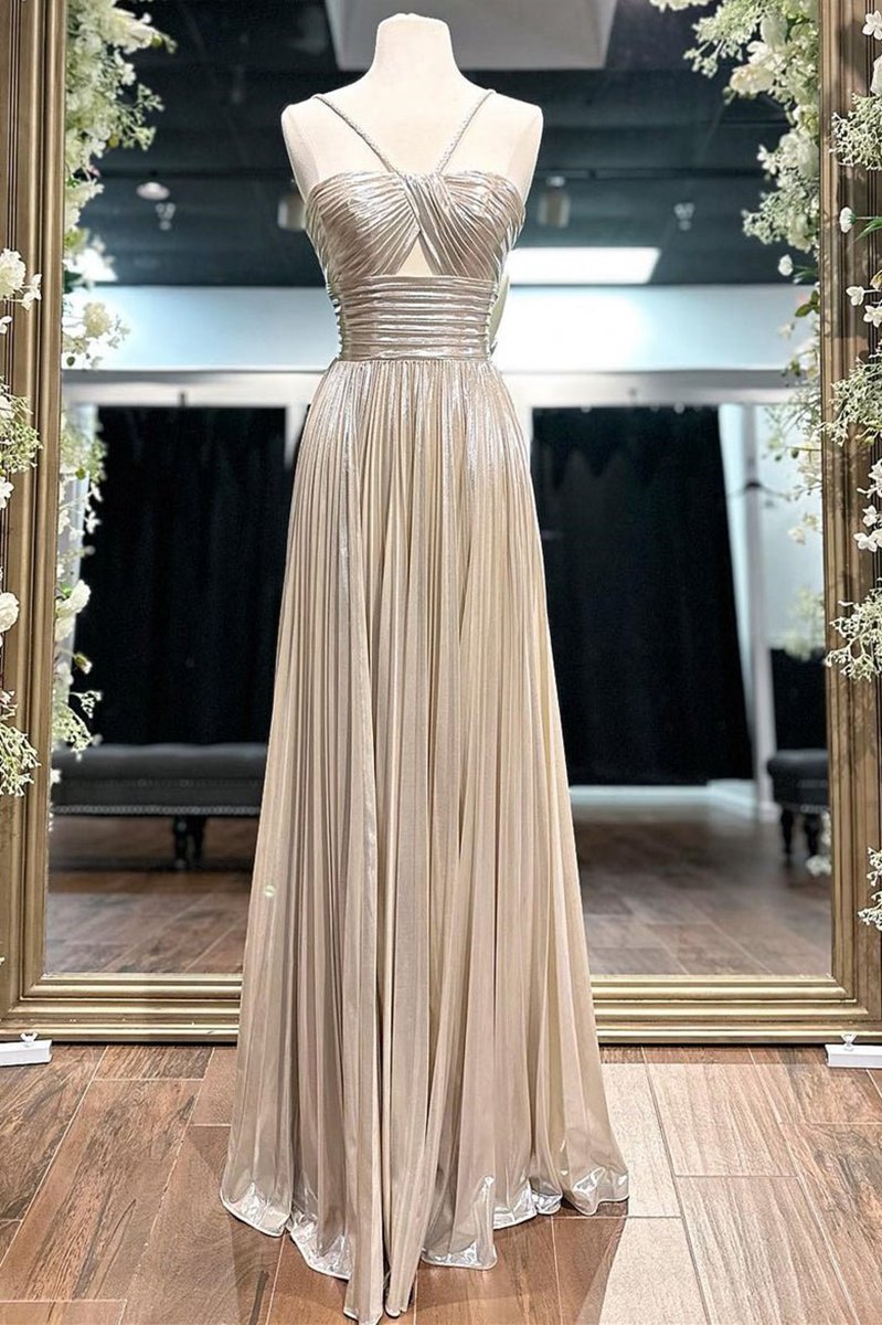 Metallic Keyhole Spaghetti Strap Long Prom Dresses with Slit