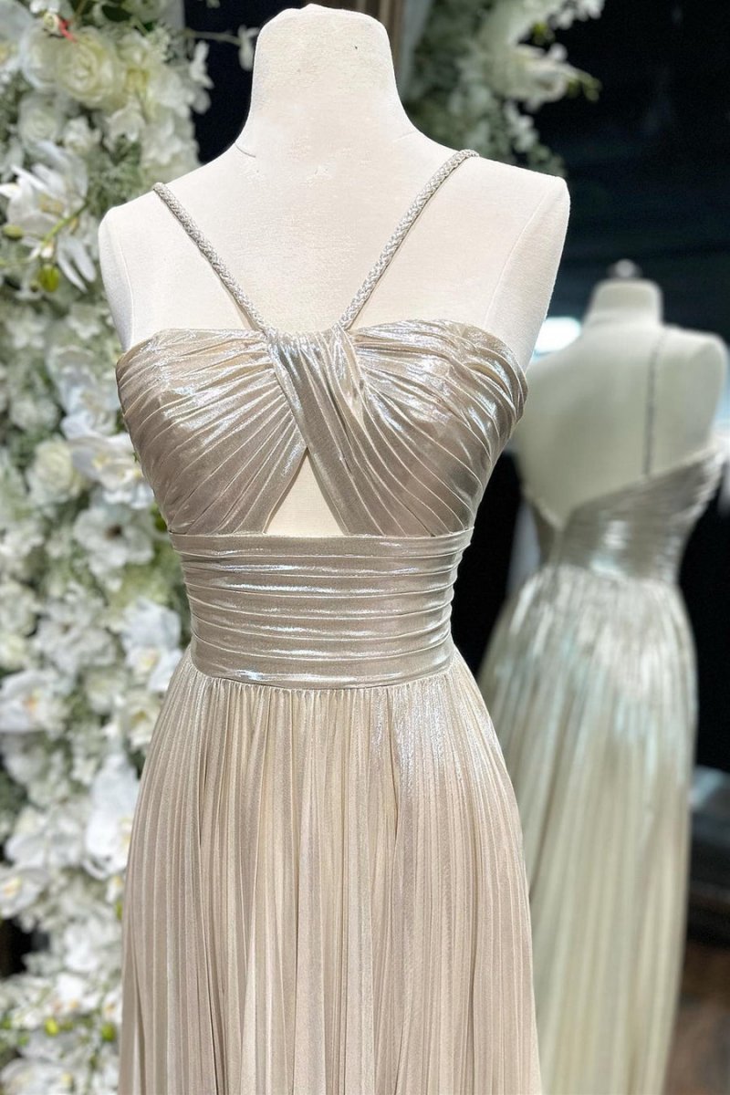 Metallic Keyhole Spaghetti Strap Long Prom Dresses with Slit