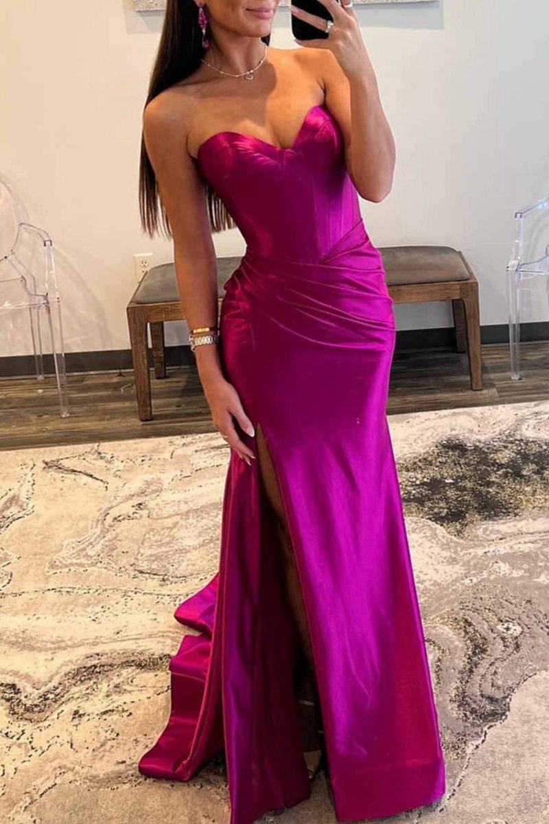Sweetheart Pleated Mermaid Long Prom Dresses