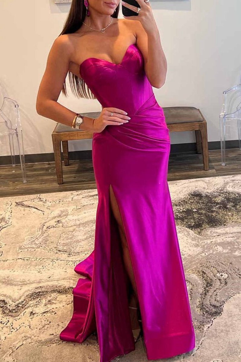 Sweetheart Pleated Mermaid Long Prom Dresses