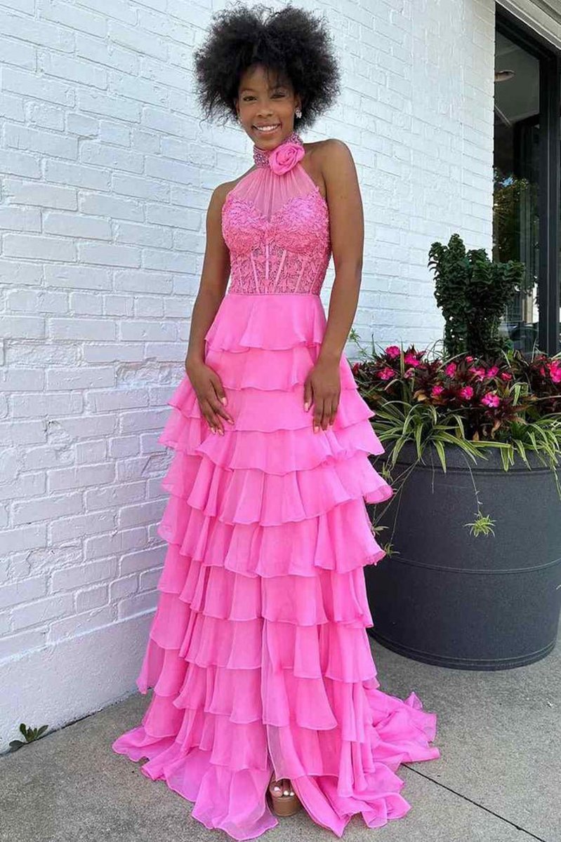 A-line High Neck Tie Chiffon Prom Dresses with 3D Flower