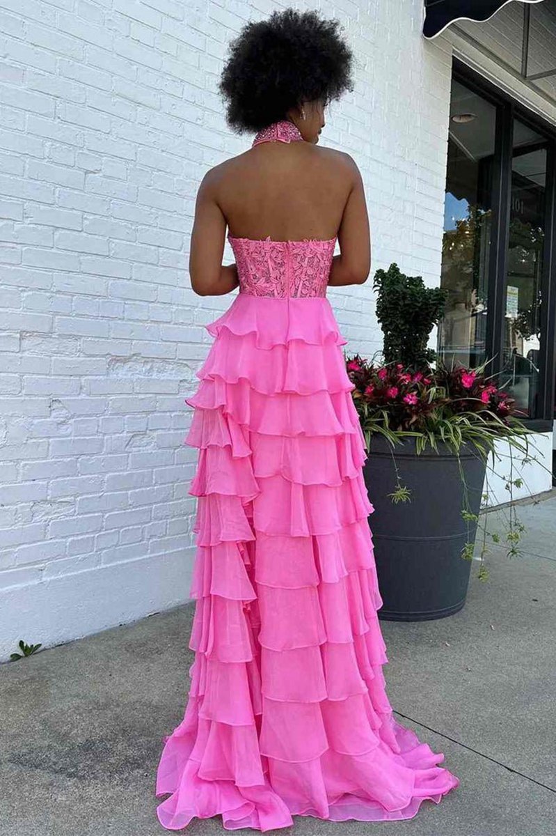 A-line High Neck Tie Chiffon Prom Dresses with 3D Flower