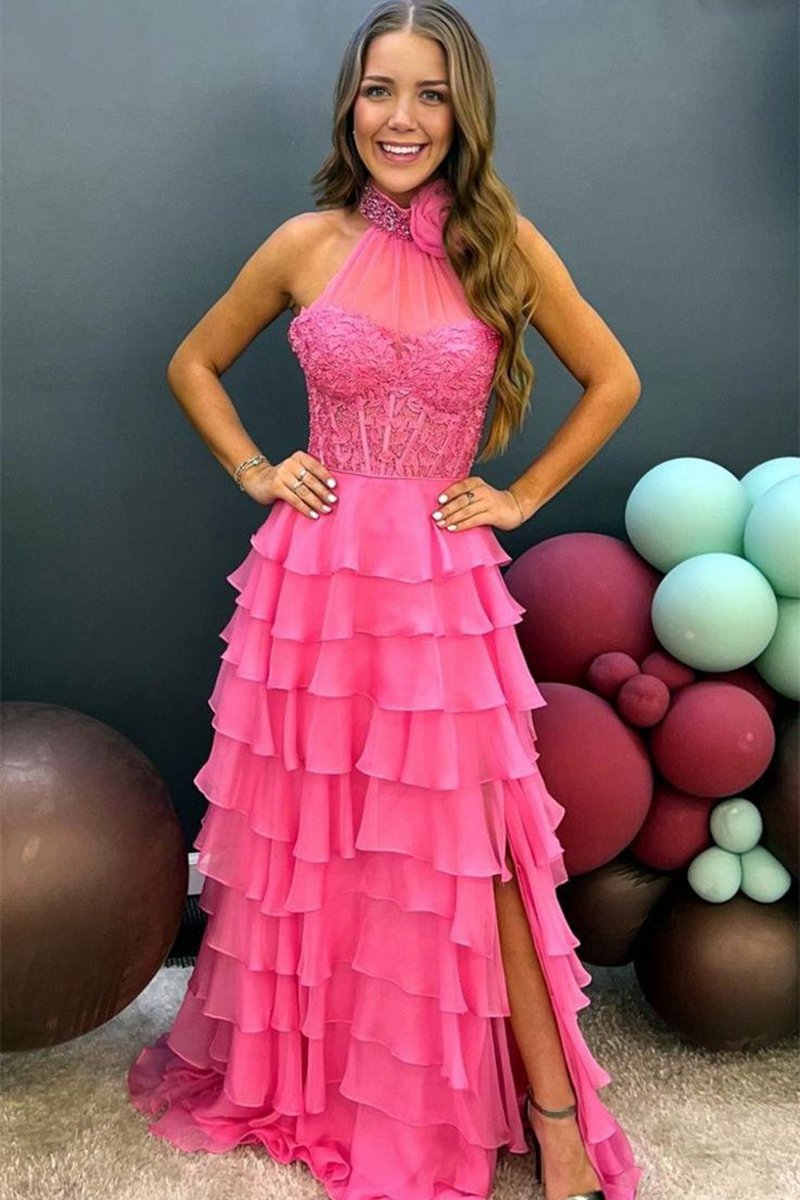 A-line High Neck Tie Chiffon Prom Dresses with 3D Flower