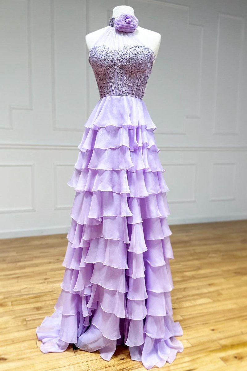A-line High Neck Tie Chiffon Prom Dresses with 3D Flower