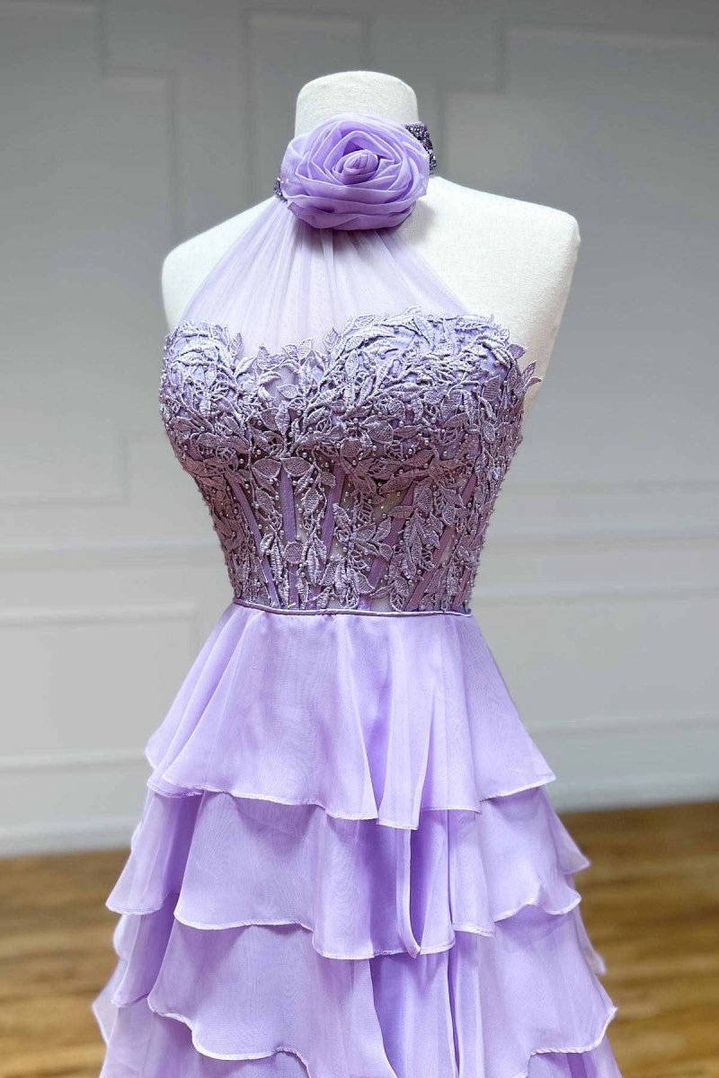 A-line High Neck Tie Chiffon Prom Dresses with 3D Flower