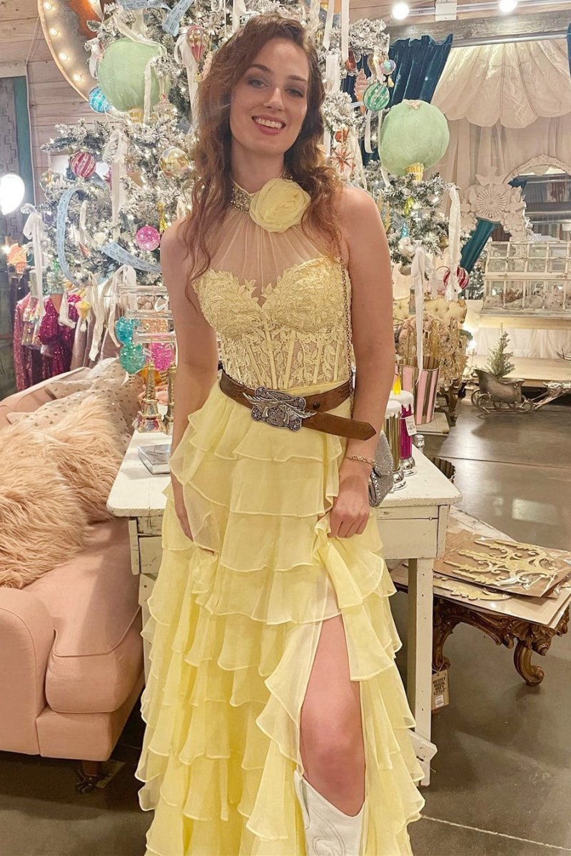A-line High Neck Tie Chiffon Prom Dresses with 3D Flower