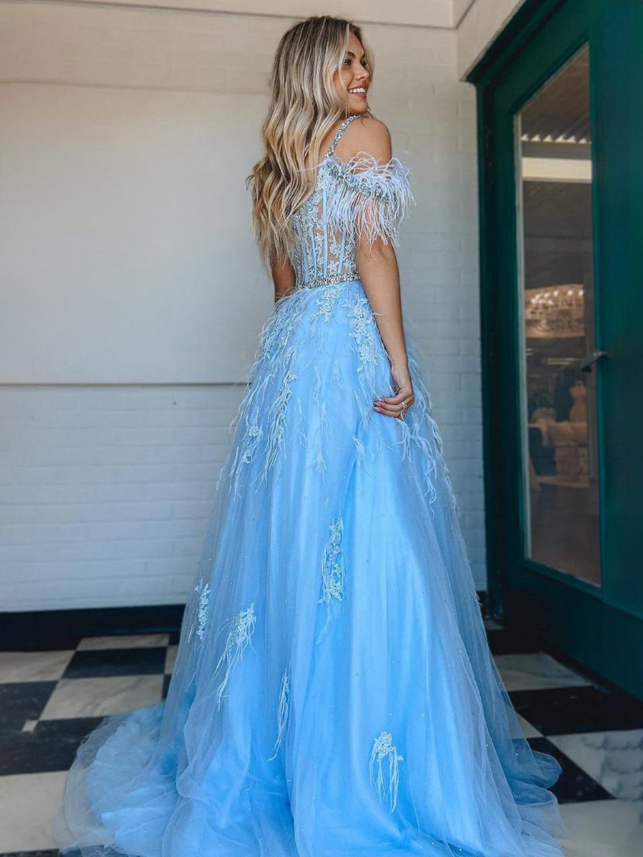 A-line V Neck Lace Tulle Prom Dresses with Beading and Feather