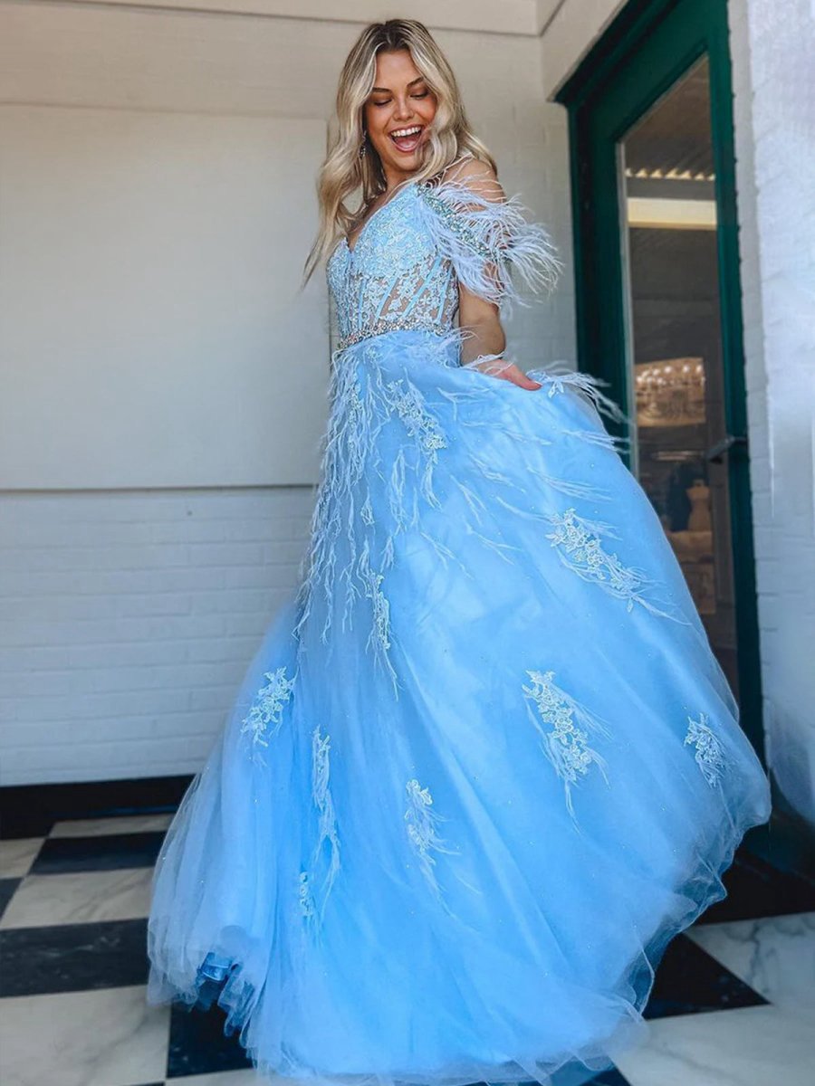 A-line V Neck Lace Tulle Prom Dresses with Beading and Feather
