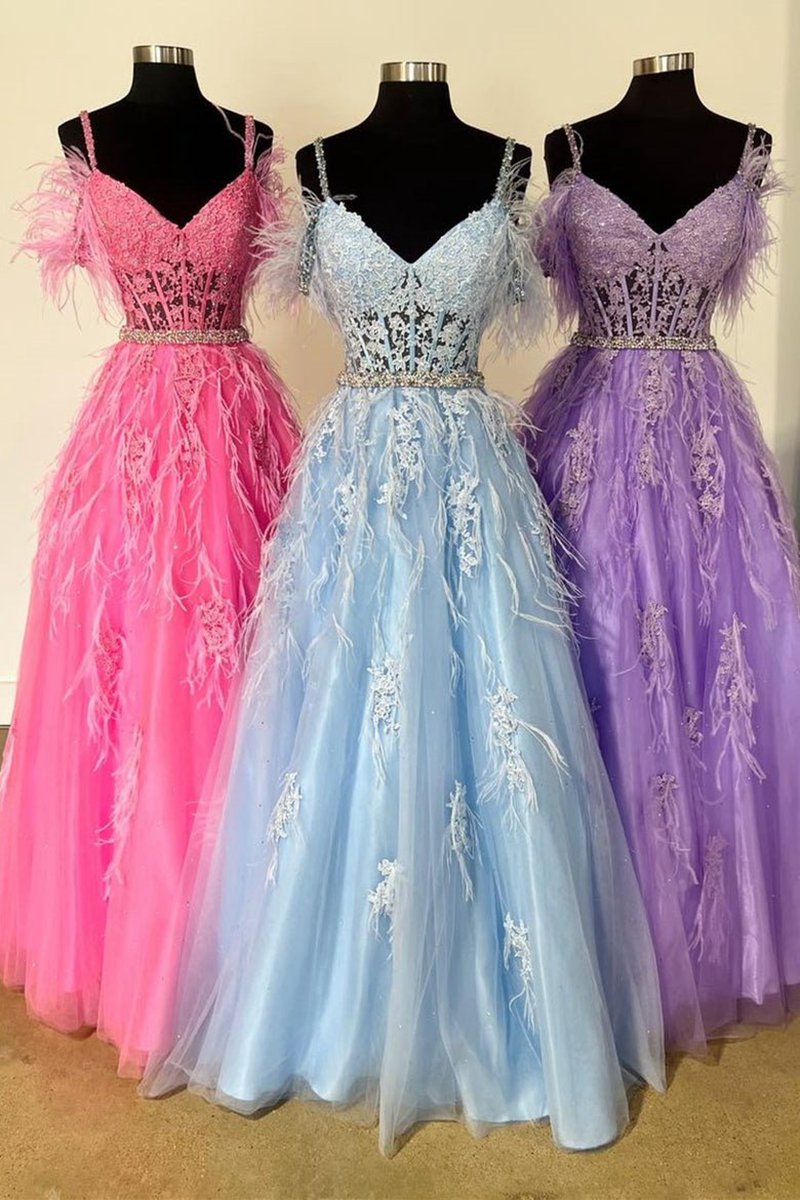 A-line V Neck Lace Tulle Prom Dresses with Beading and Feather