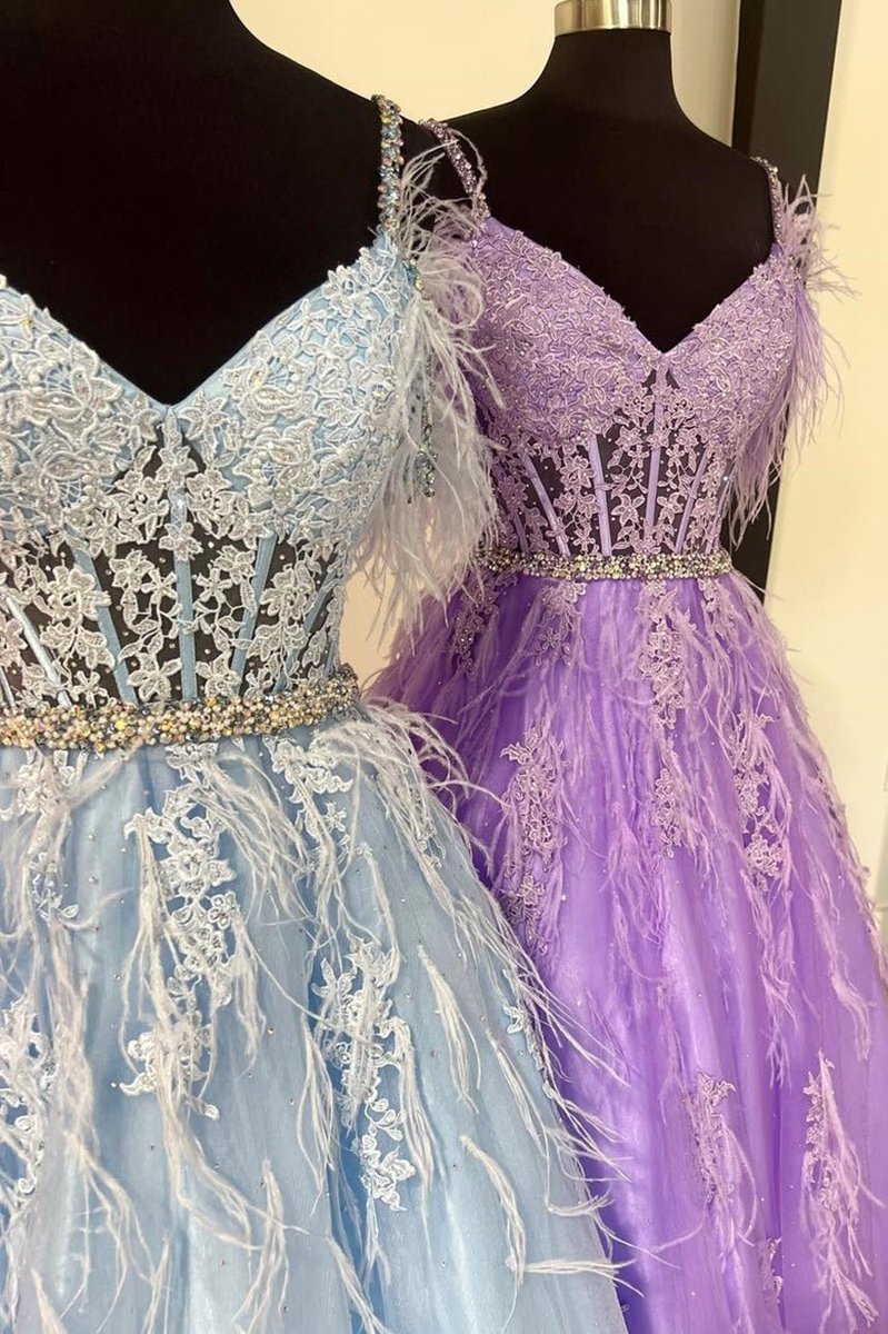 A-line V Neck Lace Tulle Prom Dresses with Beading and Feather