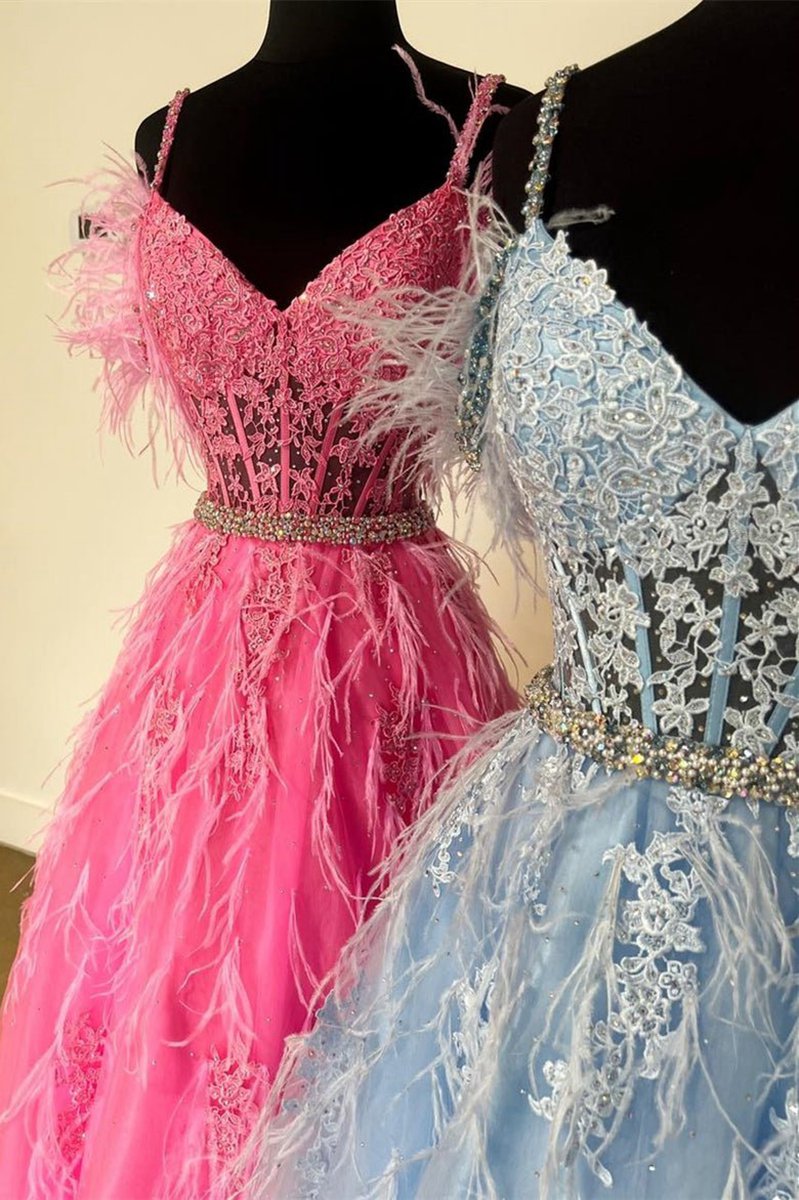 A-line V Neck Lace Tulle Prom Dresses with Beading and Feather
