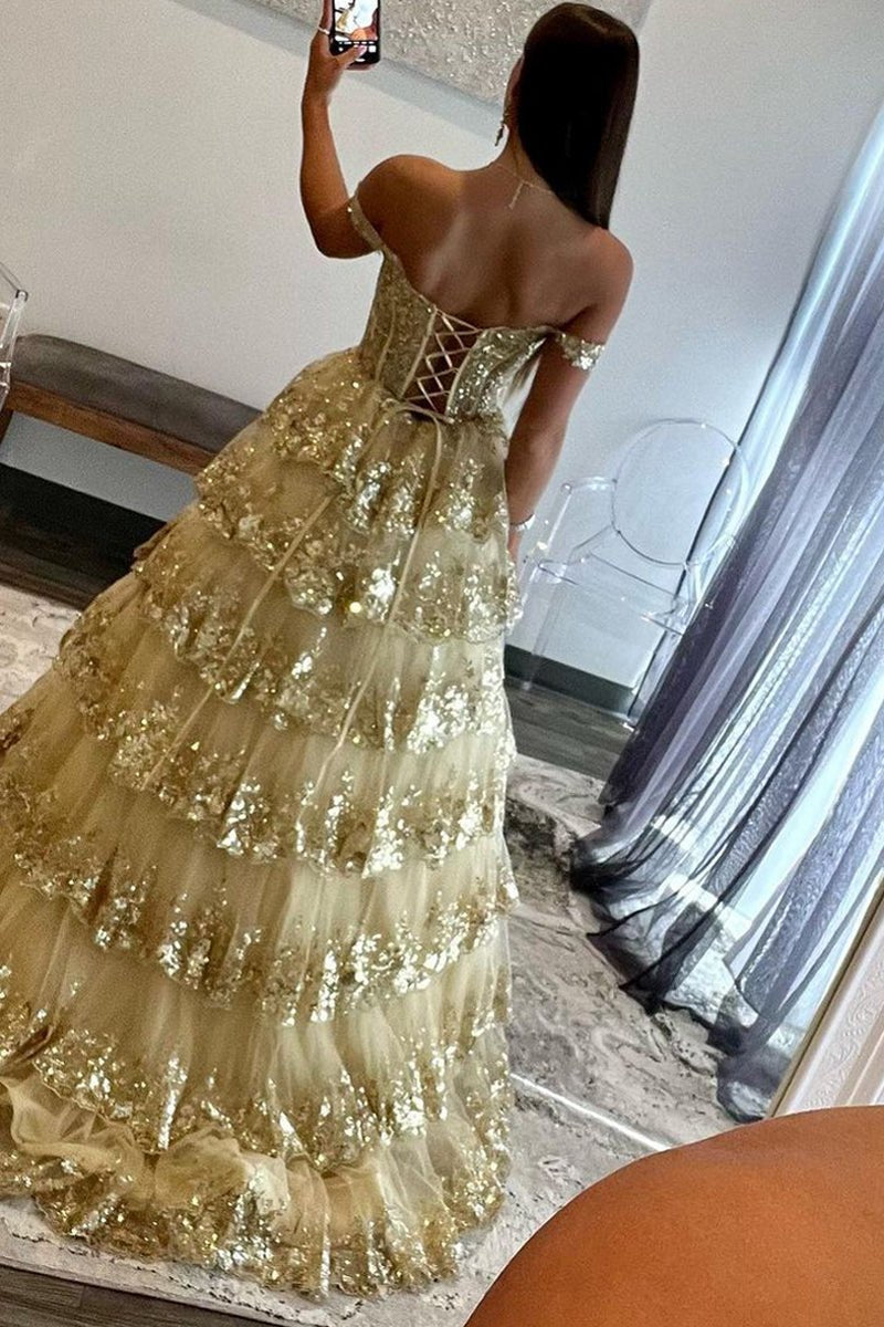 Princess Off the Shoulder Sequined Lace Prom Dresses